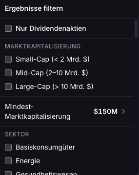 Filter nach Marktkapitalisierung, Sektor und Land